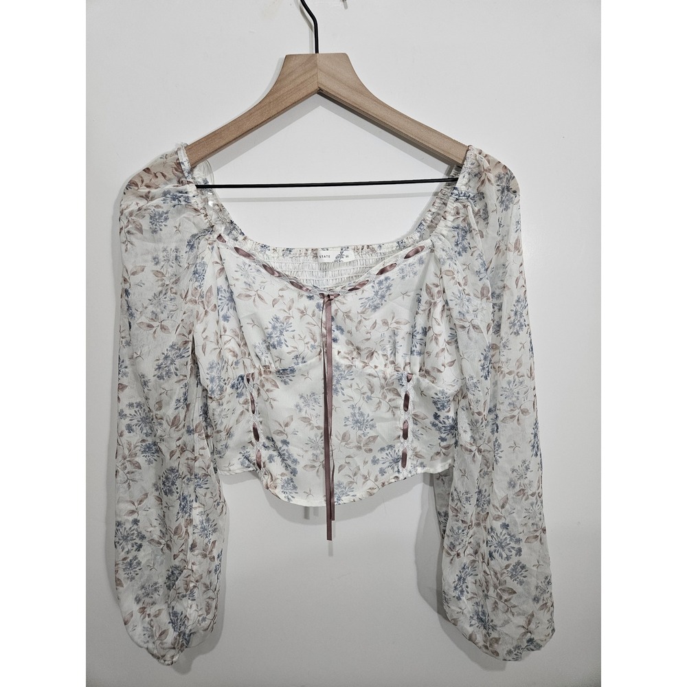 Altar'd State Floral Ribbon Lace Up Crop Top Blouse Ivory Pink Blue Medium